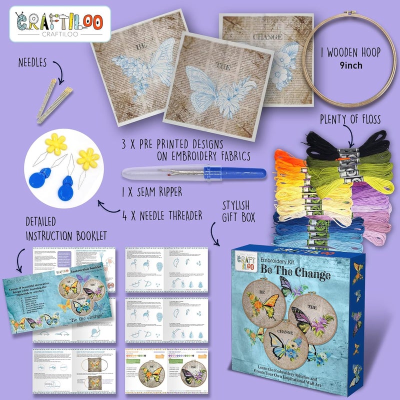 CRAFTILOO Embroidery Kits for Adults Hand Embroidery kit for Beginners with Stamped Embroidery Patterns Starter Embroidery Kit. Needlepoint kit Cross Stitch kit for Teens& Adults Butterflies - Image 3